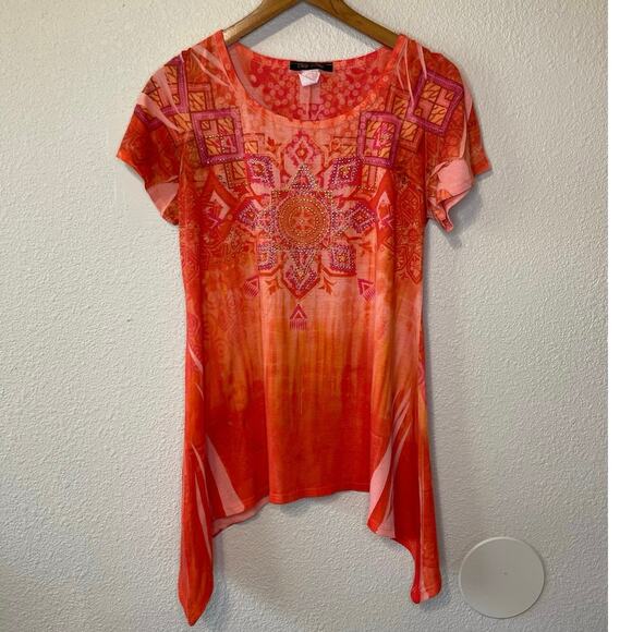 VTG Only Nine Y2K Orange Handkerchief Hem Boho  Preppy Rhinestone Tee Small - Picture 1 of 10